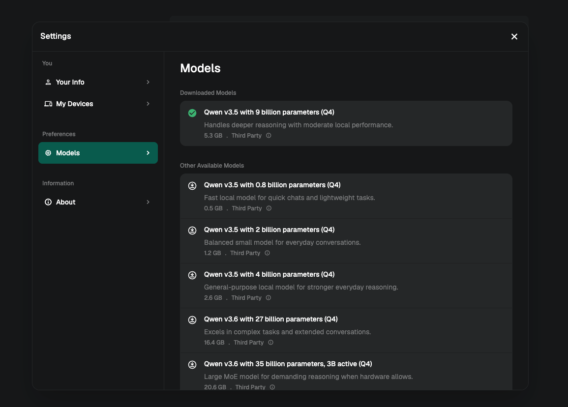 QVAC's Models settings screen, showing Qwen v3.5 with 9 billion parameters (Q4) downloaded and active