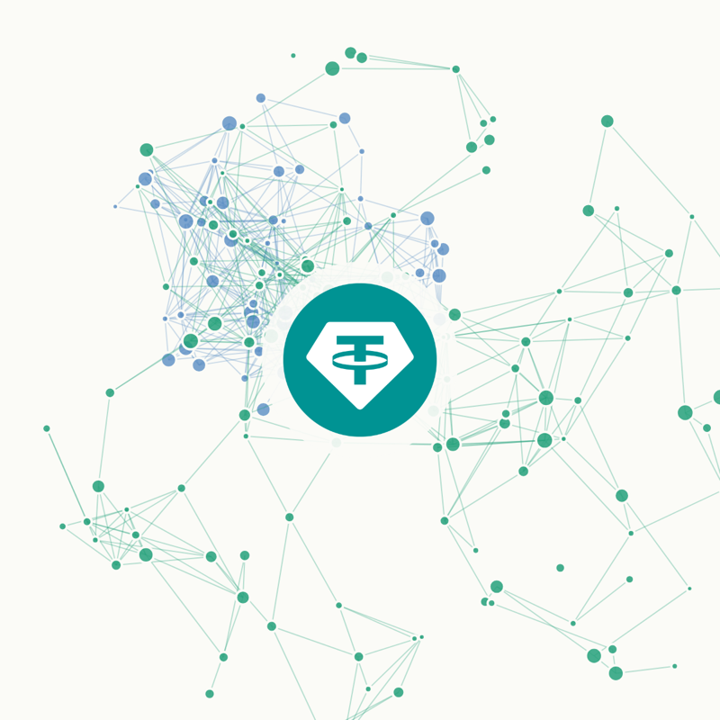 Two overlapping network graphs: the Tether ecosystem woven into the crypto ecosystem